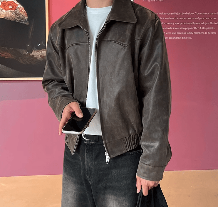 OLD BROWN RODEO LEATHER ZIP-UP JACKET