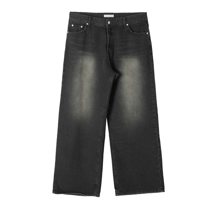 WASHED BLACK WIDE STRAIGHT DENIM JEANS