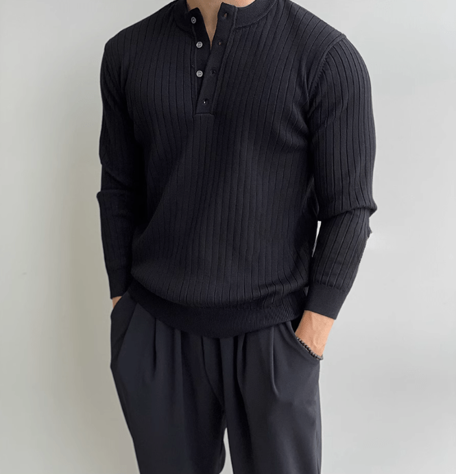 VERTICAL KNIT HENLEY COLLAR LONG SLEEVE