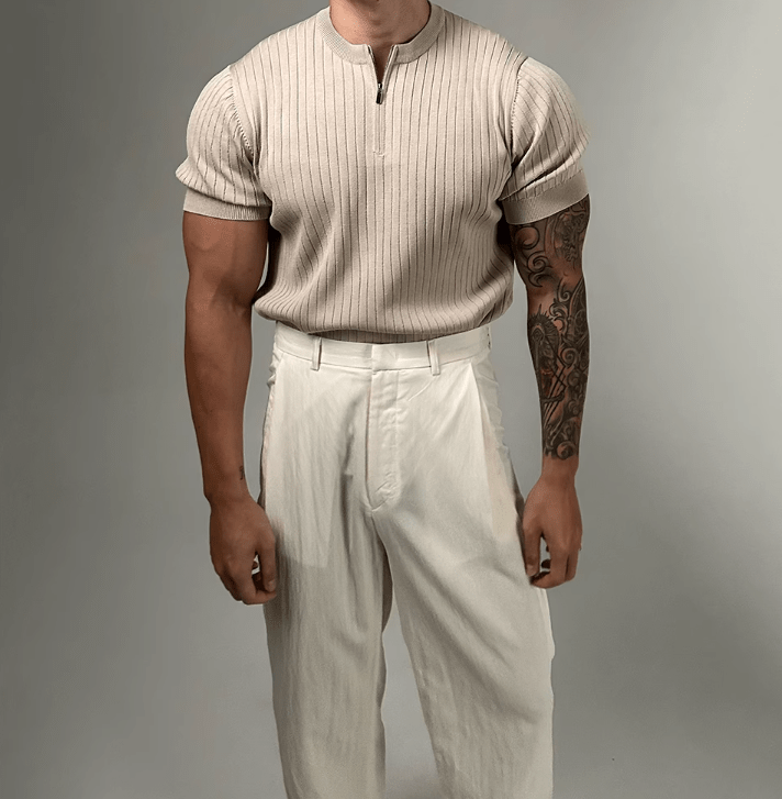 KNITTED VERTICAL ZIP-UP SLIM SHORT SLEEVE