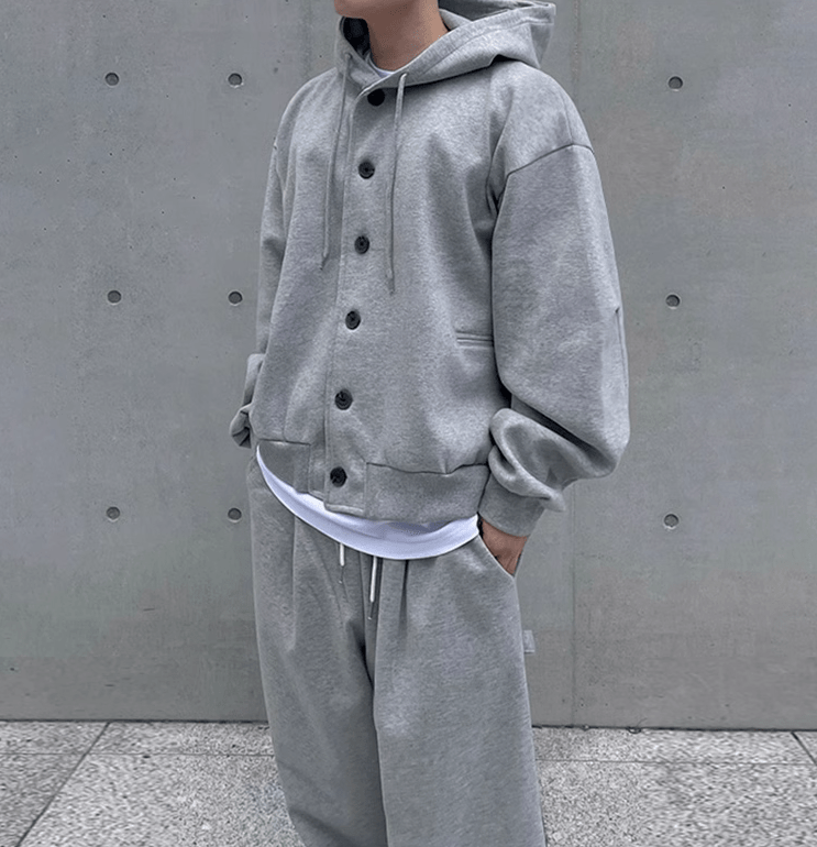 GRAY BUTTON-UP HOODIE & WIDE SWEATPANTS