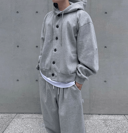 GRAY BUTTON-UP HOODIE & WIDE SWEATPANTS