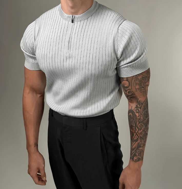 KNITTED VERTICAL ZIP-UP SLIM SHORT SLEEVE