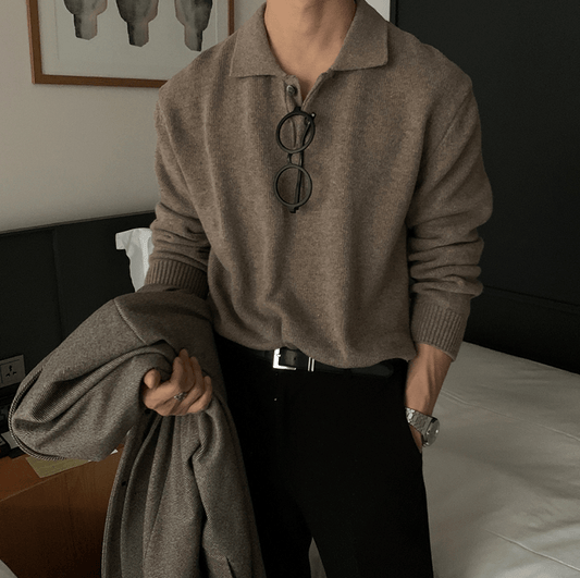 KNITTED COLLAR QUARTER BUTTON-UP SWEATER