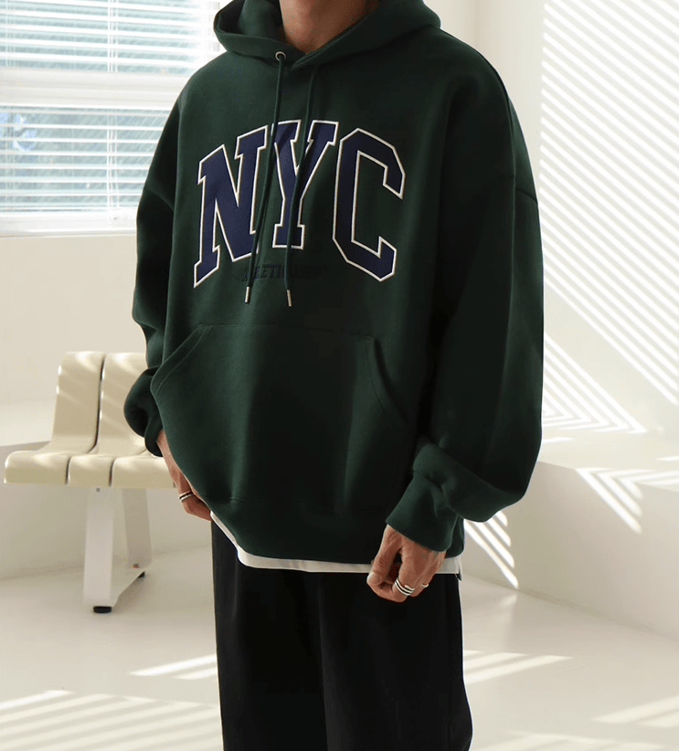 NYC EMBROIDERED LETTERED PULLOVER HOODIE