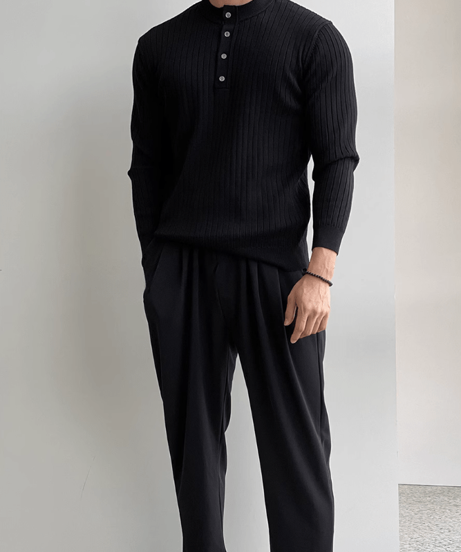 VERTICAL KNIT HENLEY COLLAR LONG SLEEVE
