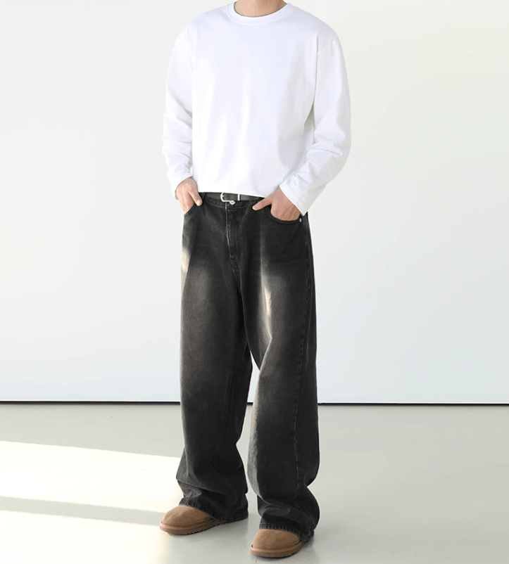 WASHED BLACK WIDE STRAIGHT DENIM JEANS