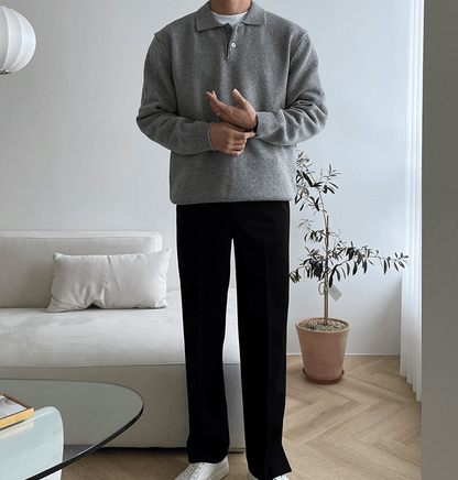 KNITTED COLLAR QUARTER BUTTON-UP SWEATER