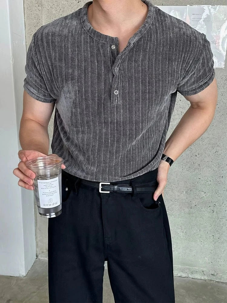 GRAY VELVET HENLEY COLLAR SHORT SLEEVE