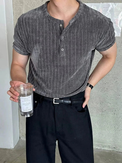 GRAY VELVET HENLEY COLLAR SHORT SLEEVE
