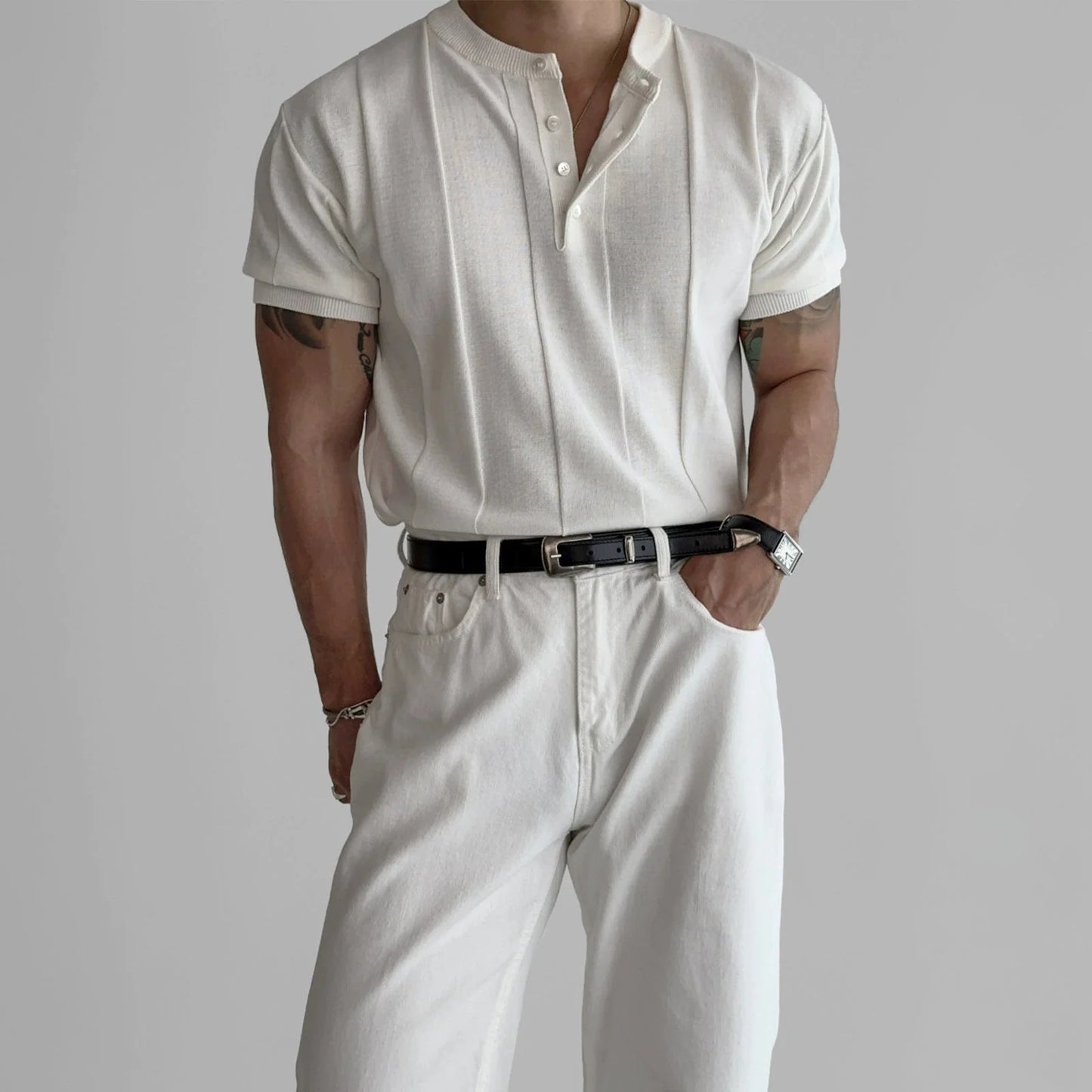 VERTICAL KNIT HENLEY COLLAR SHORT SLEEVE