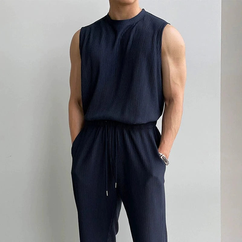 PLEATED SLEEVELESS SHIRT & WIDE DRAWSTRING PANTS
