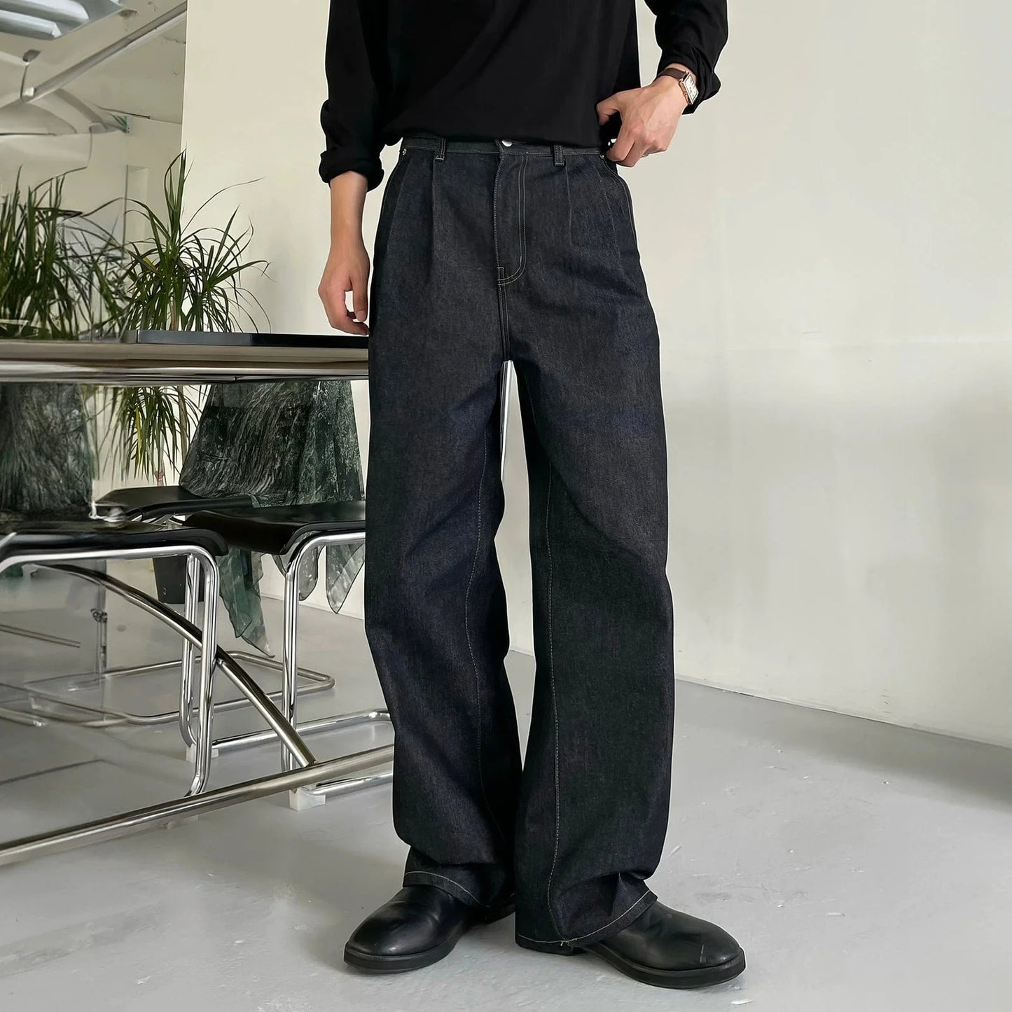 BLACK WIDE STRAIGHT DENIM JEANS