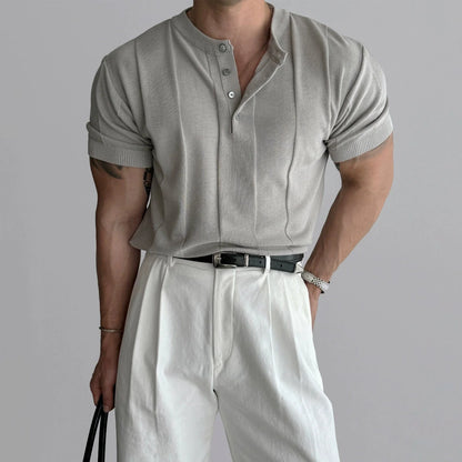 VERTICAL KNIT HENLEY COLLAR SHORT SLEEVE