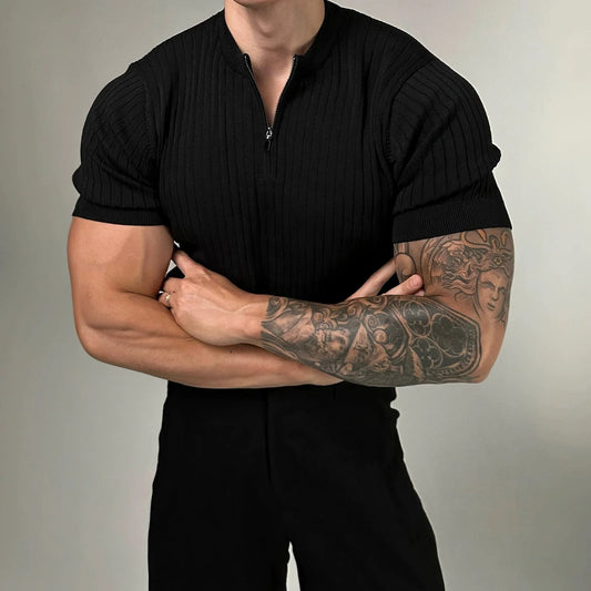 KNITTED VERTICAL ZIP-UP SLIM SHORT SLEEVE