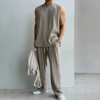 PLEATED SLEEVELESS SHIRT & WIDE DRAWSTRING PANTS
