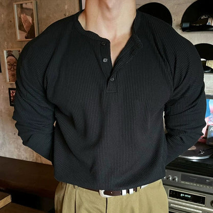 KNITTED HENLEY COLLAR LONGSLEEVE SHIRT