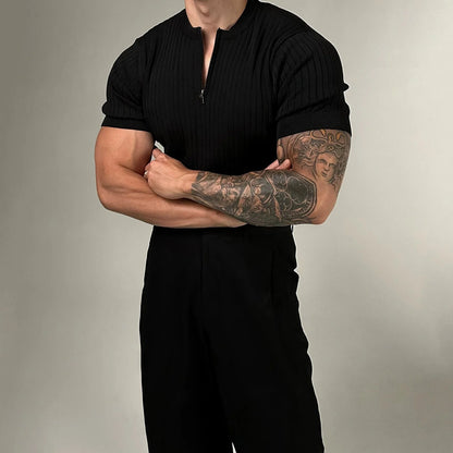 KNITTED VERTICAL ZIP-UP SLIM SHORT SLEEVE