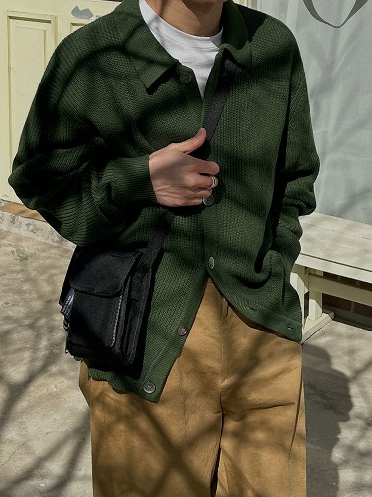 GREEN KNIT BUTTON-UP SWEATER