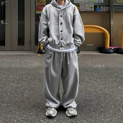 GRAY BUTTON-UP HOODIE & WIDE SWEATPANTS