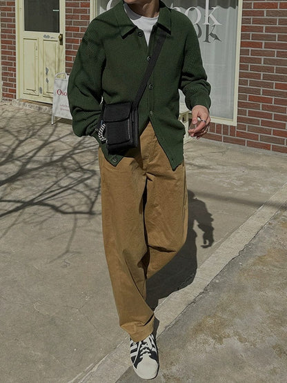 GREEN KNIT BUTTON-UP SWEATER