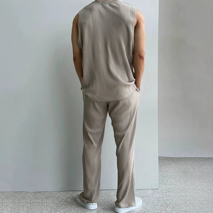 PLEATED SLEEVELESS SHIRT & WIDE DRAWSTRING PANTS