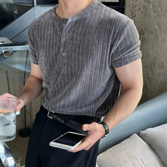 GRAY VELVET HENLEY COLLAR SHORT SLEEVE