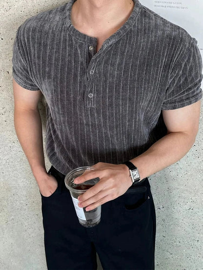 GRAY VELVET HENLEY COLLAR SHORT SLEEVE