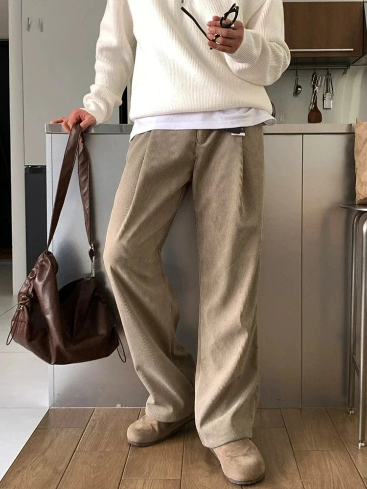 KHAKI BROWN PLEATED STRAIGHT PANTS