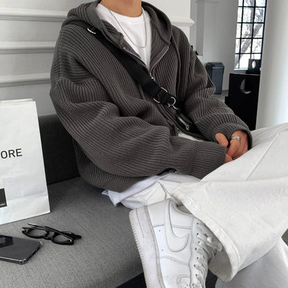 CHARCOAL KNITTED ZIP-UP HOODIE