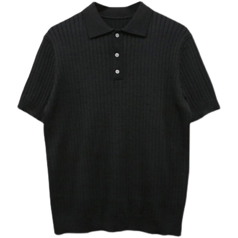 BLACK VERTICAL KNITTED SHORT SLEEVE COLLAR SHIRT