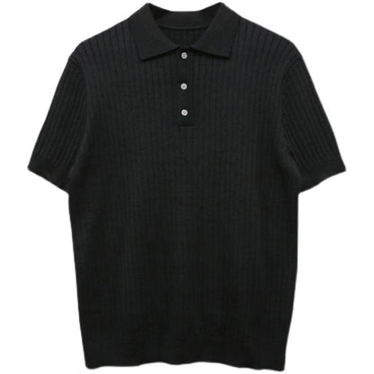 BLACK VERTICAL KNITTED SHORT SLEEVE COLLAR SHIRT