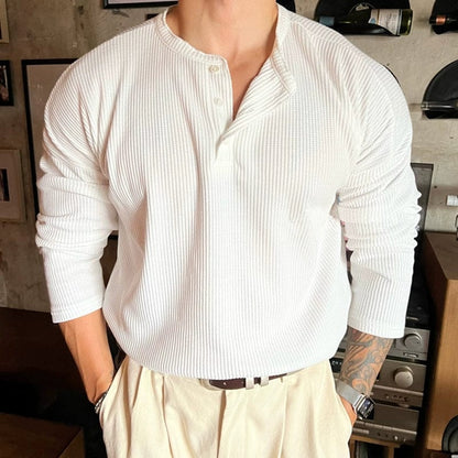 KNITTED HENLEY COLLAR LONGSLEEVE SHIRT