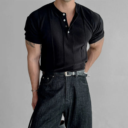 VERTICAL KNIT HENLEY COLLAR SHORT SLEEVE