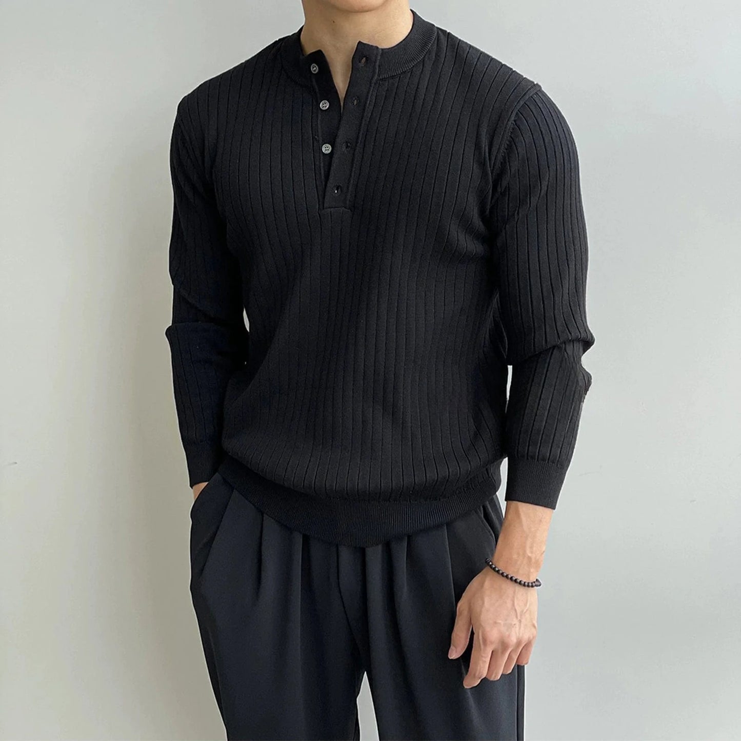 VERTICAL KNIT HENLEY COLLAR LONG SLEEVE
