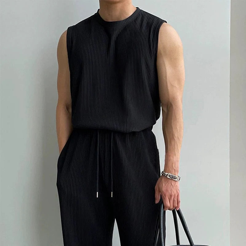 PLEATED SLEEVELESS SHIRT & WIDE DRAWSTRING PANTS