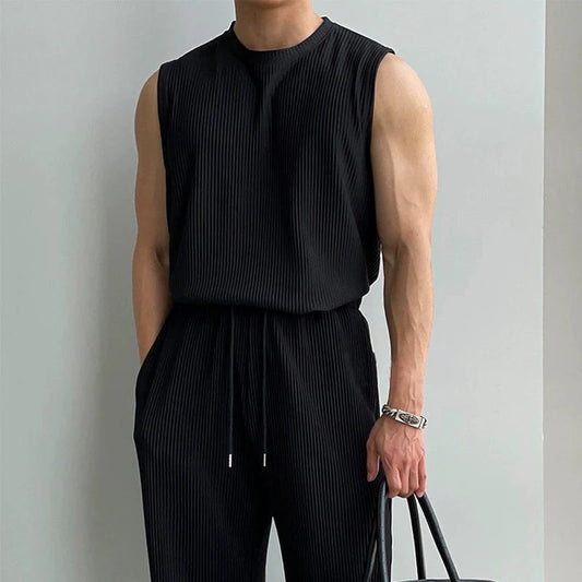 PLEATED SLEEVELESS SHIRT & WIDE DRAWSTRING PANTS