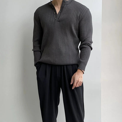 VERTICAL KNIT HENLEY COLLAR LONG SLEEVE