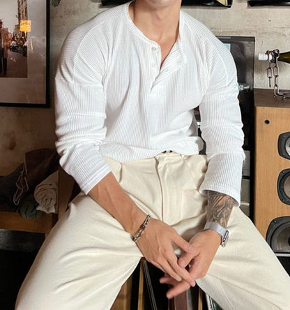 KNITTED HENLEY COLLAR LONGSLEEVE SHIRT