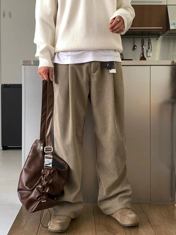 KHAKI BROWN PLEATED STRAIGHT PANTS