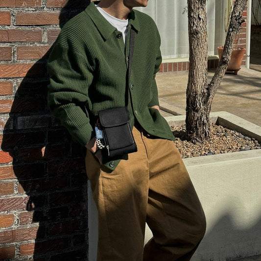GREEN KNIT BUTTON-UP SWEATER