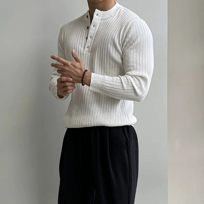 VERTICAL KNIT HENLEY COLLAR LONG SLEEVE