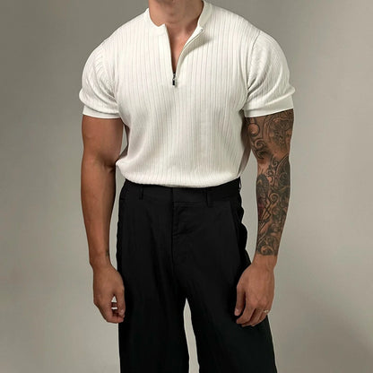 KNITTED VERTICAL ZIP-UP SLIM SHORT SLEEVE