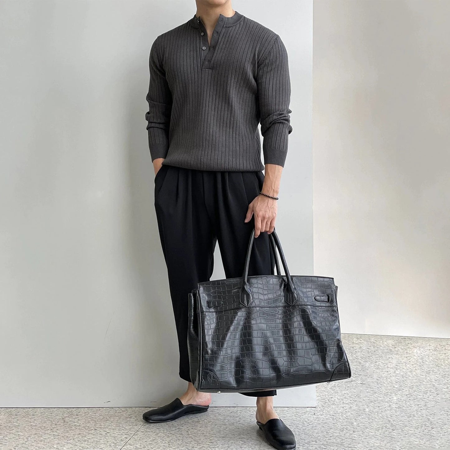 VERTICAL KNIT HENLEY COLLAR LONG SLEEVE