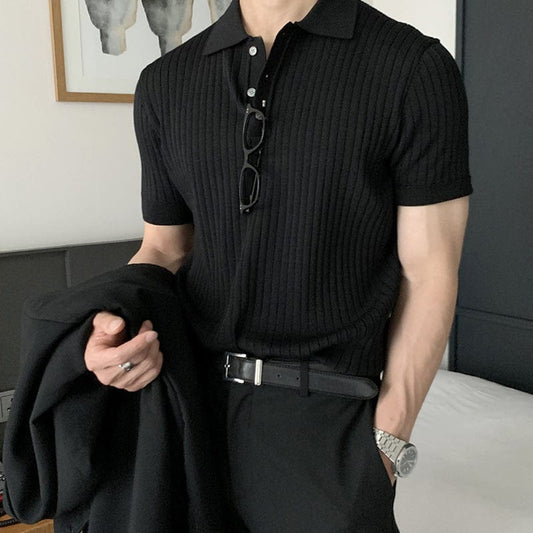 BLACK VERTICAL KNITTED SHORT SLEEVE COLLAR SHIRT