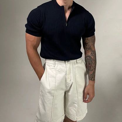 KNITTED VERTICAL ZIP-UP SLIM SHORT SLEEVE