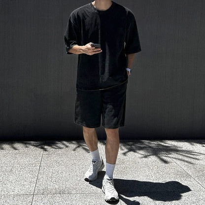 TWOPIECE - BLACK COTTON SHORT SLEEVE & SHORTS